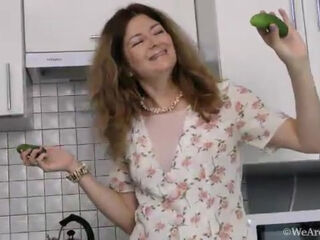 Elena V masturbates with vegetables in her kitchen - WeAreHairy