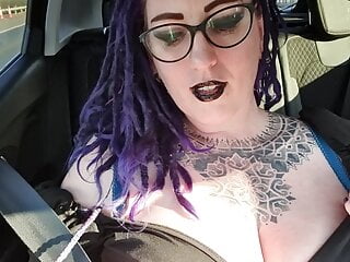 Flashing on the road with big tits