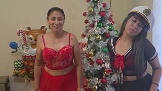 The best Christmas threesome - Two horny stepdaughters celebrate Christmas by fucking their perverted stepfather for Christmas presents