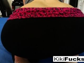 Kiki stretches in yoga then stretches her mouth around the