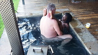 "Steam&comma; Sun & Serenity" Ebony Secretary fucks her boss in the hottub
