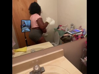 'Ebony BBW cleaning nipples hanging out my shirt'