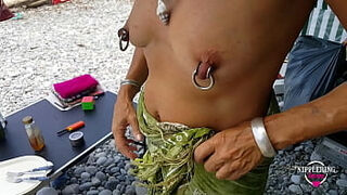 nippleringlover hot mom topless nude beach spreading pierced pussy wide open see through big pierced nipples hot ass