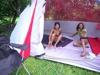 Busty Latinas enjoy camping with big-dicked buddy and try Tent Threesome