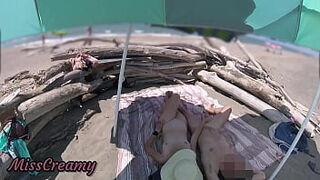 &num;2 Exhibitionist Wife Outdoor Amateur Milf Handjob Big Cock on Nudity Beach public in front of voyeur with cumshot - MissCreamy