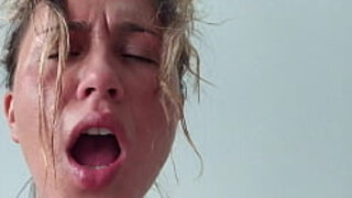 Sweaty and intense sex couple orgasm - Sweat fetish cowgirl - beautiful agony face REAL POV