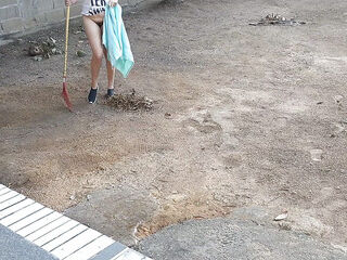 Wife without panties working in front yard teasing husband