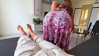 Step Mom caught Step Son with boner while cleaning and helped him cum quickly