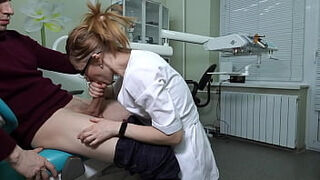 A female doctor milf with glasses grabbed the patient's cock and began to greedily give him a hardcore blowjob and handjob